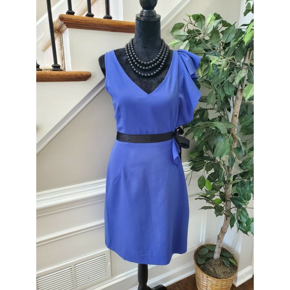 Newyork Co. Women's Solid Blue Polyester V-Neck Sleeveless Knee Length Dress 6